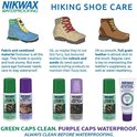 Illustratie van schoenverzorging met verschillende schoenen en Nikwax producten. Groene caps voor reinigen, paarse voor waterdichting.