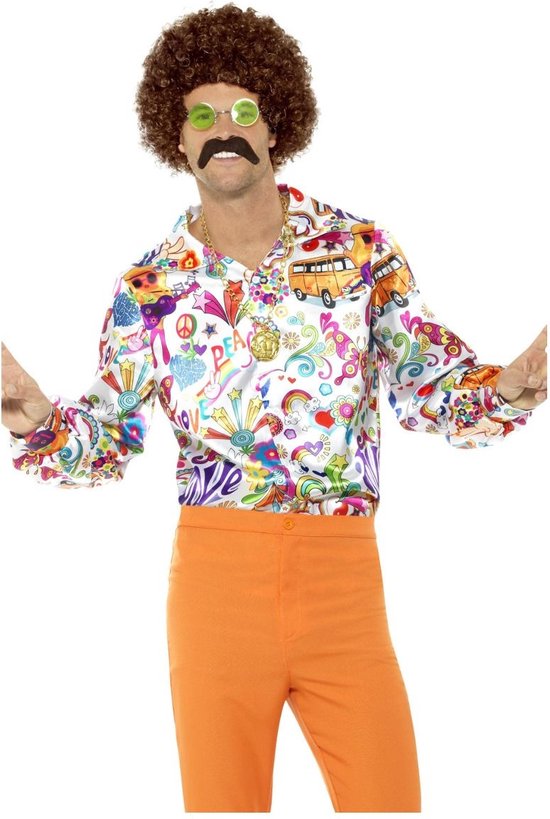 SMIFFYS - Satijnachtige jaren 60 hippie blouse voor mannen - Volwassenen kostuums