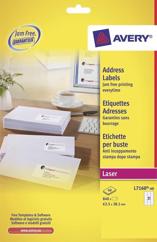 Avery Zelfklevende duidelijke pakketadreslabels, inkjetprinters, 1 etiket per A4-blad, 25 etiketten, Quickdry (J8567