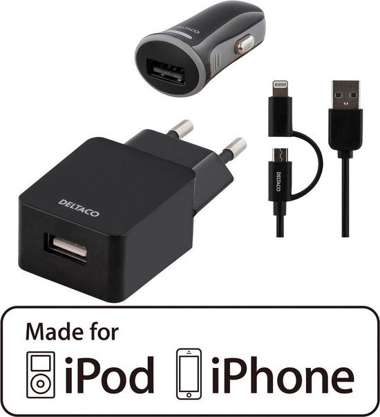 DELTACO USB-ACDC, USB-oplaadkabel, autolader, wand adapter en USB-synchronisatie- / MFi, zwart