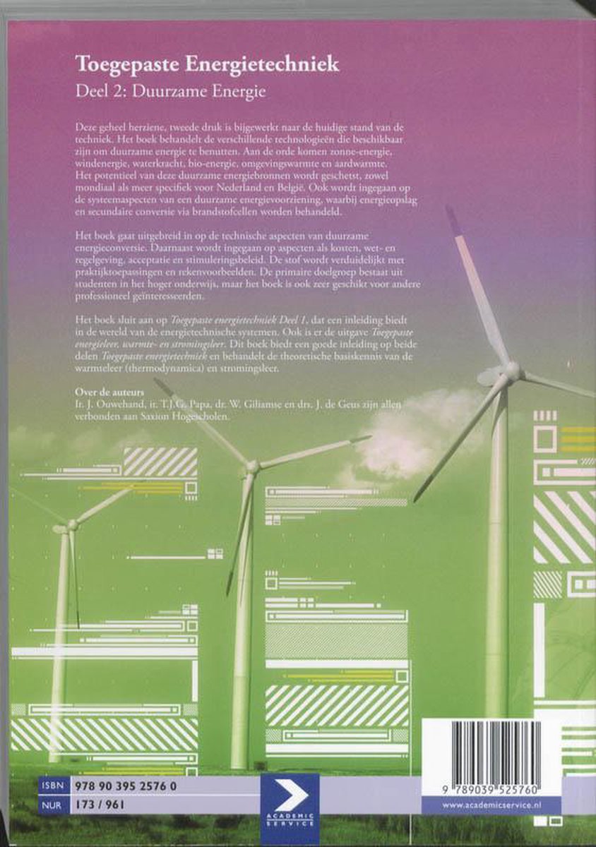 Boek "Toegepaste Energietechniek Deel 2: Duurzame Energie" met illustraties van windturbines en technische schema's. ISBN 9789039525760.