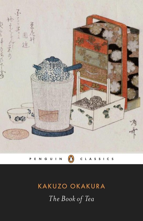 Tekening van een theeceremonie set, met een theepot, kopjes en een vuurpot. Tekst in het Japans.