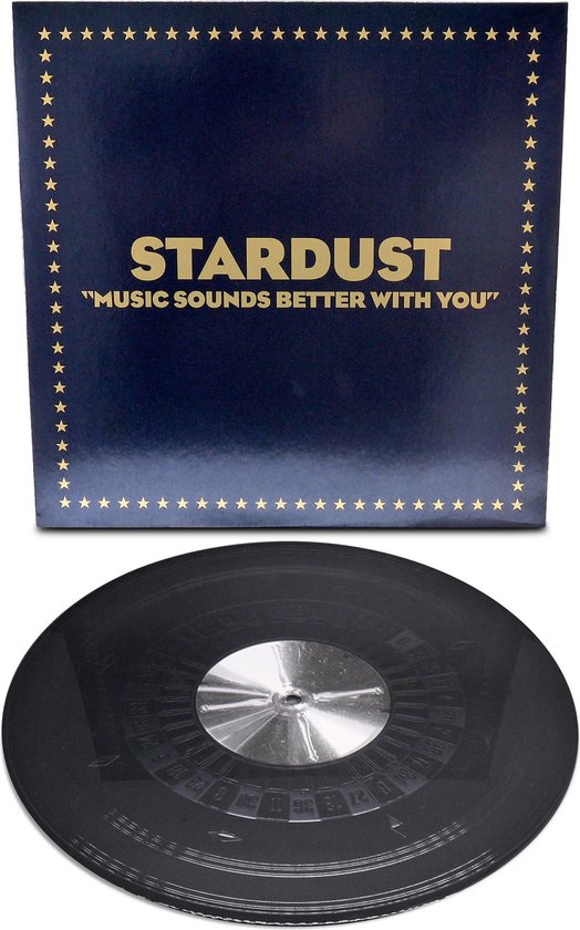 Zwarte 12" vinyl single met zilveren label, voor een donkerblauwe hoes met gouden sterrenrand.