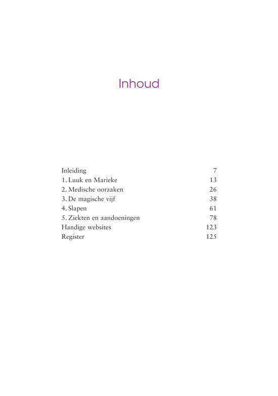 Boekpagina met de titel 'Inhoudsopgave' en een lijst met hoofdstukken.