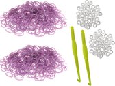 600 Loom elastiekjes, loombandjes paars met weefhaken en S-clips