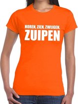 Horen Zien Zwijgen Zuipen tekst t-shirt oranje dames - dames shirt Horen Zien Zwijgen Zuipen - oranje kleding XL