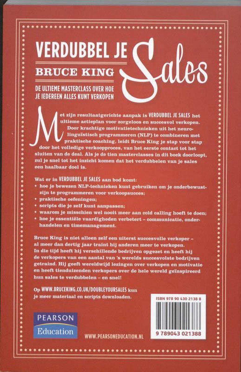 Achterkant van het boek 'Verdubbel je Sales' met een samenvatting, auteursinformatie en ISBN.