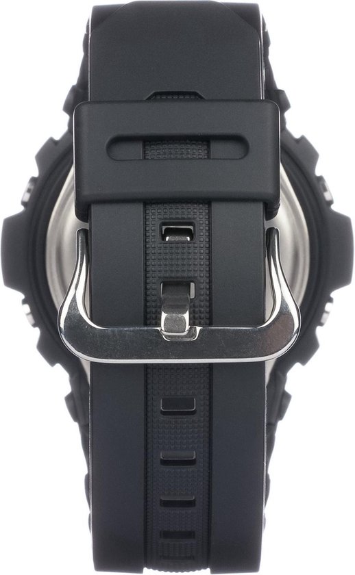 Achterkant van een zwarte G-Shock horlogeband met metalen gesp.