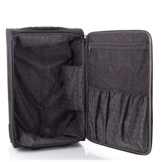 Intérieur d'une valise noire ouverte avec des compartiments.