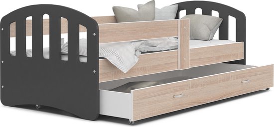 Kinderbed | Houten bed | 180x80cm| met lattenbodem | met uitschuiflade | grijs hout | met matras