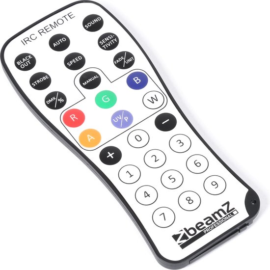 BeamZ IRC afstandsbediening met knoppen voor kleur, snelheid, effecten en DMX.