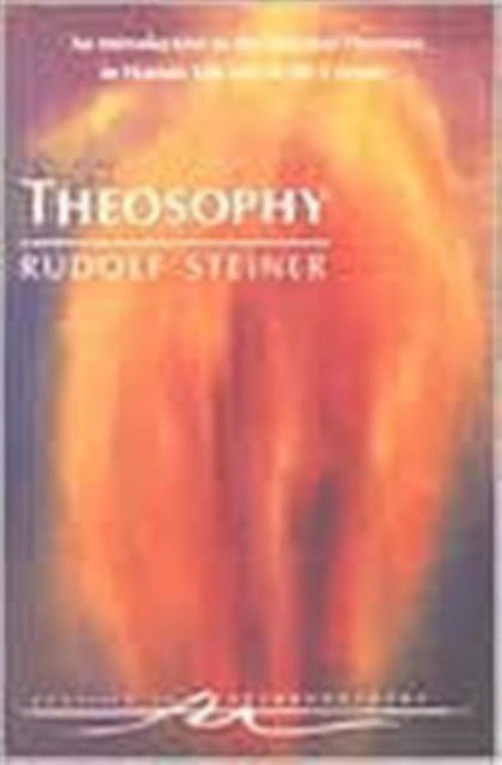 Couverture du livre "Theosophy" par Rudolf Steiner, avec un fond abstrait de flammes orange et jaunes.