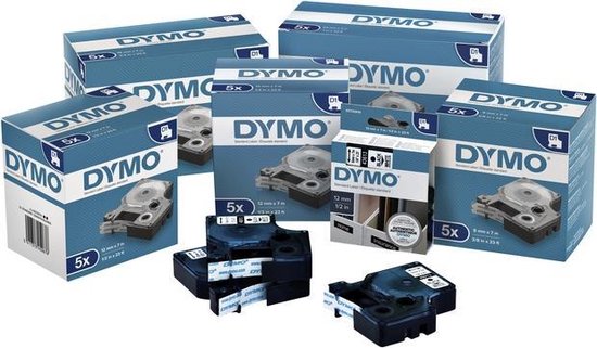 Dozen en rollen met Dymo D1 labeltape. Verschillende formaten 12mm en 9mm.