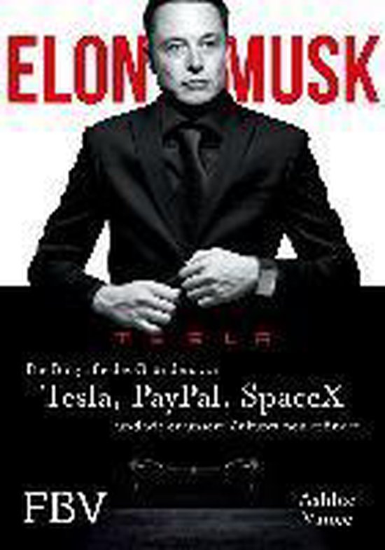Boek 'Elon Musk' met een foto van Elon Musk in een zwart pak. Tekst: ELON MUSK TESLA.
