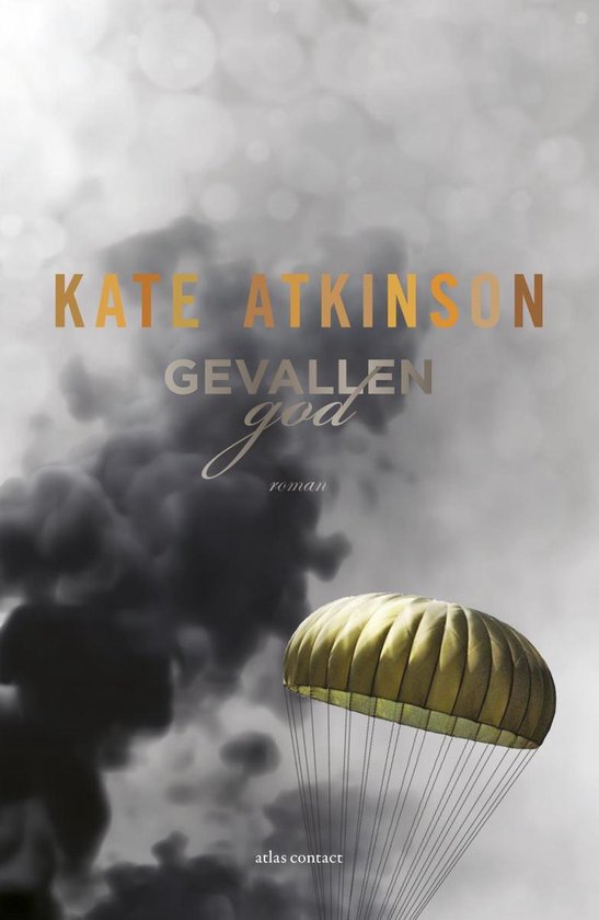 Boek kaft met parachutist en rookpluimen, titel Gevallen god.