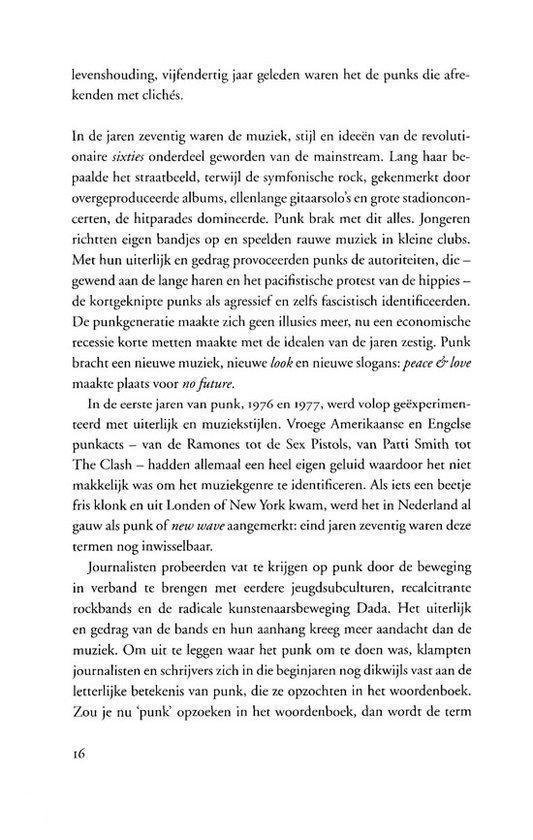 Pagina met tekst over de geschiedenis van punk, muziek, stijl en jeugdcultuur. Pagina 16.