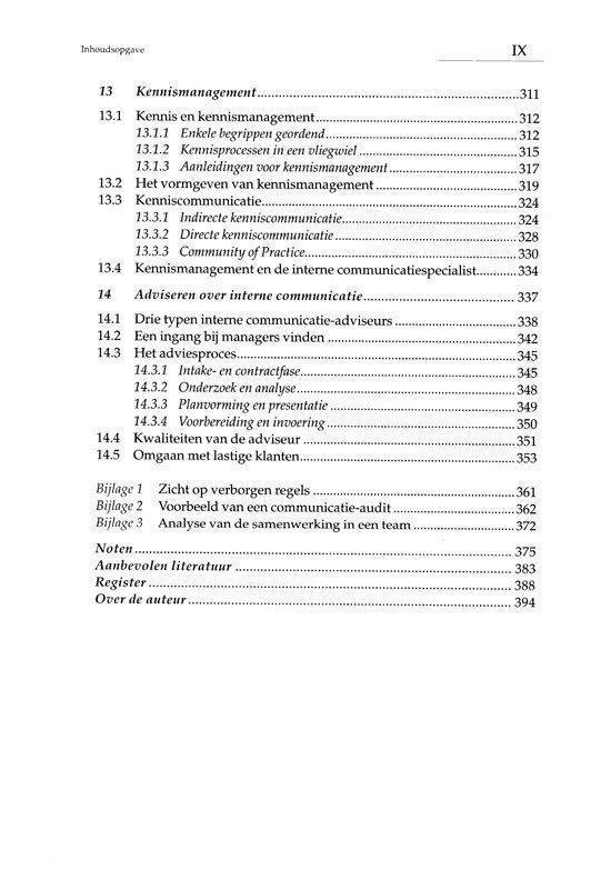 Pagina met een inhoudsopgave, beginnend bij hoofdstuk '13 Kennismanagement'.