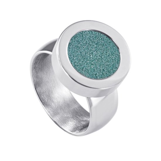 Quiges RVS Schroefsysteem Ring Zilverkleurig Glans 20mm met Verwisselbare Glitter Turkoois 12mm Mini Munt