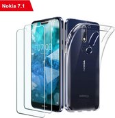 Nokia 7.1 Hoesje Transparant  TPU Siliconen Soft Case + 2X Tempered Glass Screenprotector