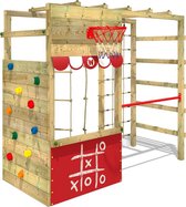 WICKEY klimtoestel outdoor speeltoestel Smart Action met rood zeil, speeltoestel met klimwand, basketbalring & speelaccessoires voor kinderen in de tuin van hout