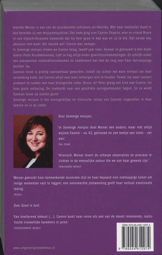 Achterkant van het boek 'Sommige meisjes' met tekst en een portretfoto van Jennifer Weiner.