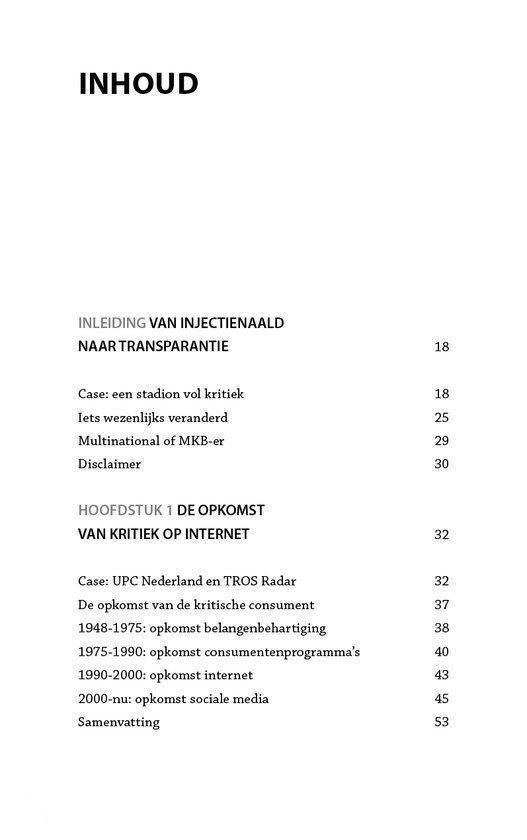 Inhoudsopgave van een boek, met hoofdstukken over 'Reageren in de praktijk', 'Online monitoring' en 'De toekomst van kritiek op internet'.