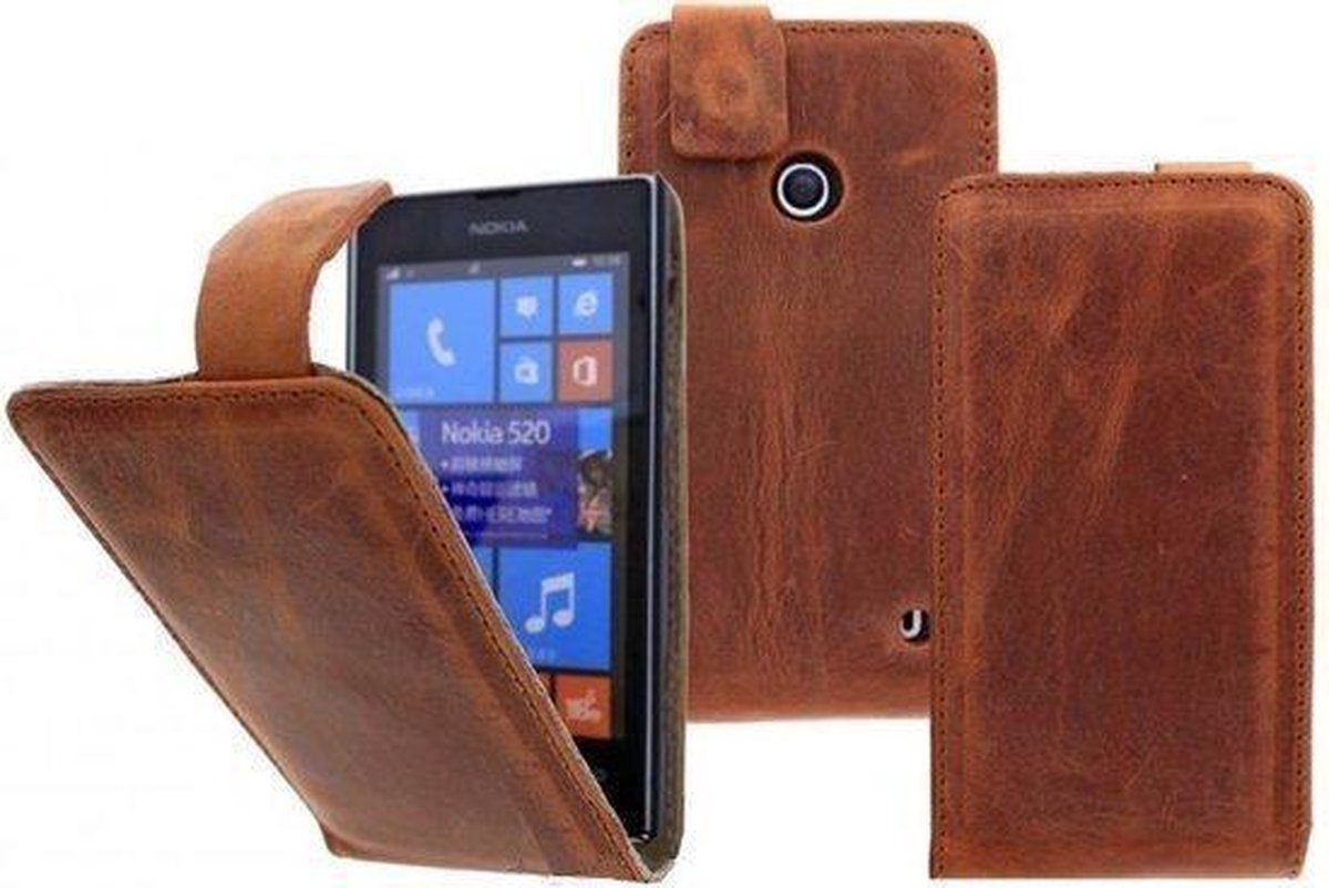 Devills Crazy Lederen Flip Case Nokia Lumia 520 / 525 Hoesje Cognac