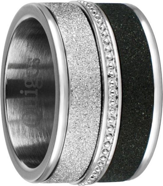 Zilverkleurige brede ring met glitter en zwarte stroken, afgezet met steentjes.