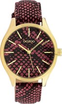 OOZOO Timepieces - Goudkleurige horloge met bordeaux rode leren band - C10433
