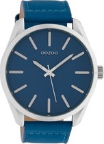 OOZOO Timepieces - Zilverkleurige horloge met blauwe leren band - C10321