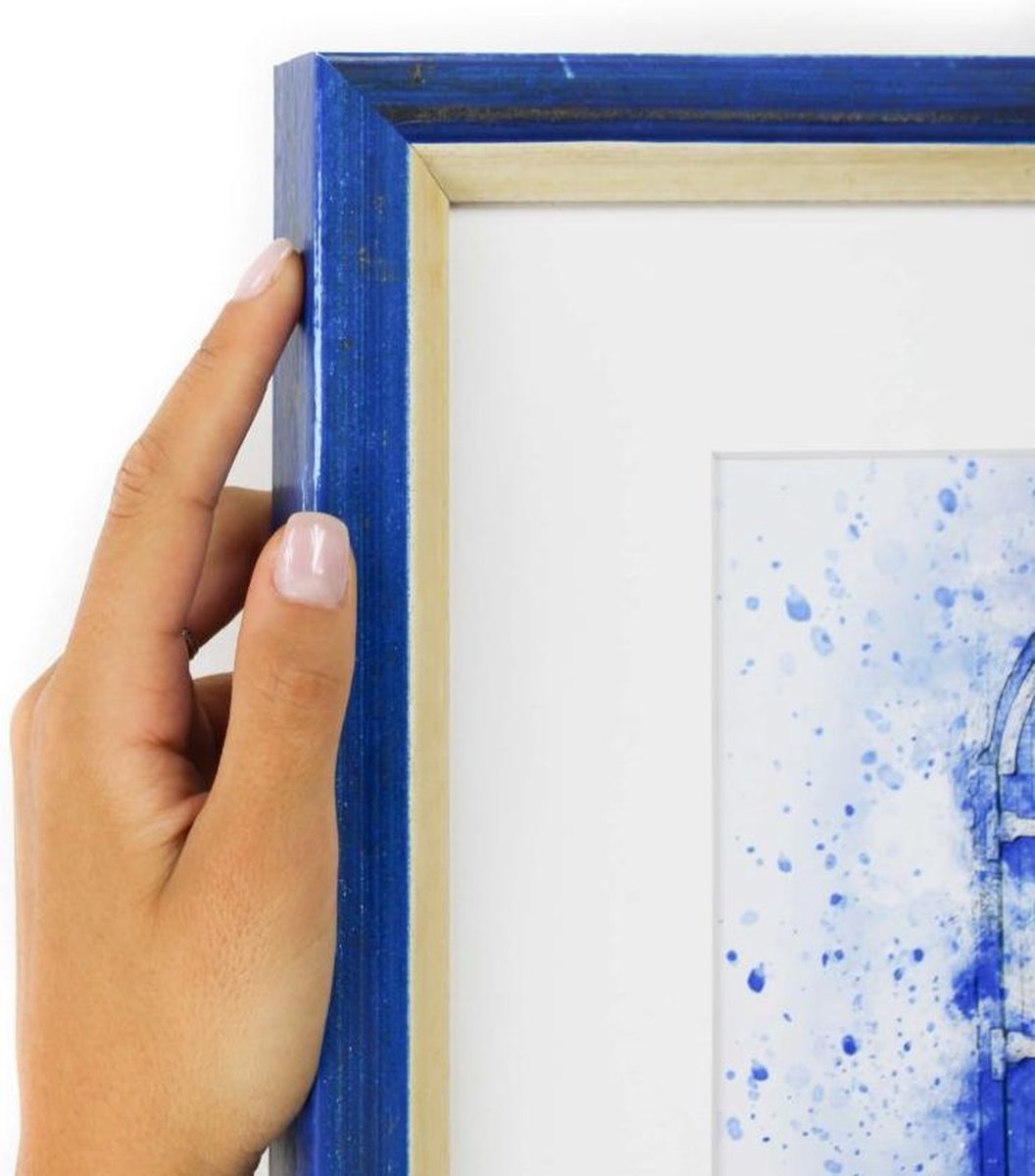 Vintage donkerblauwe smalle kader met witte passe partout. (Handgemaakt) Fotoformaat 30x40 | Kaderformaat 40x50