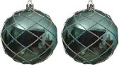 2x Turquoise blauwe/zilveren glitter dessin kerstballen 8 cm kunststof - Onbreekbare kerstballen - Kerstboomversiering turquoise