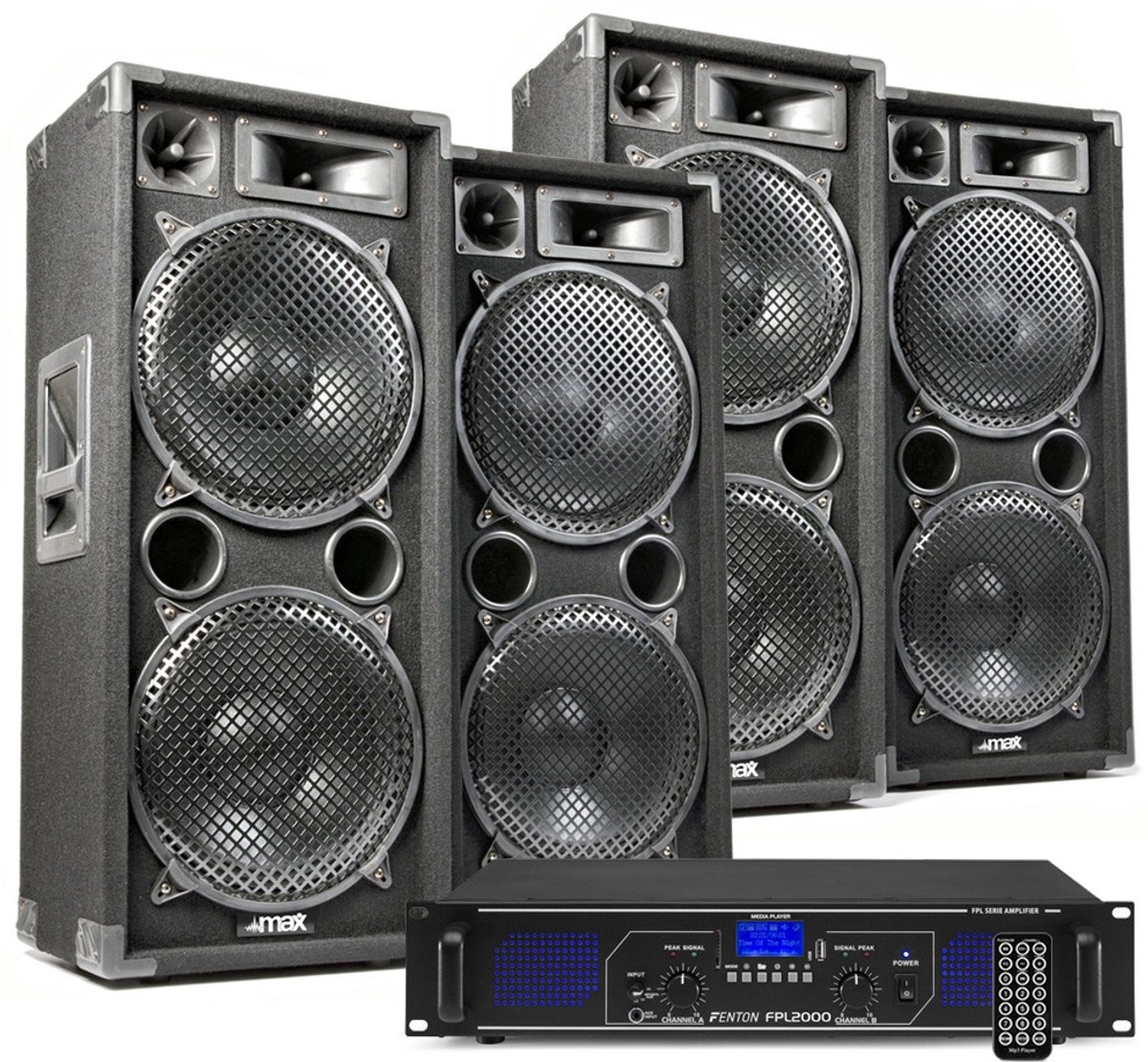 DJ geluidsinstallatie met Bluetooth - 4x MAX212 DJ luidsprekers + Bluetooth versterker combinatie - 5600W