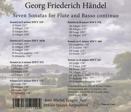 Achterkant van Georg Friederich Händel cd met tracklijst voor Zeven Sonates voor fluit en basso continuo.