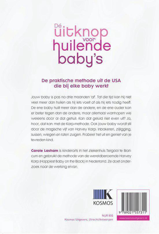 Boekomslag met de titel 'Dé uitknop voor huilende baby's'. Zachtroze letters op een witte achtergrond.