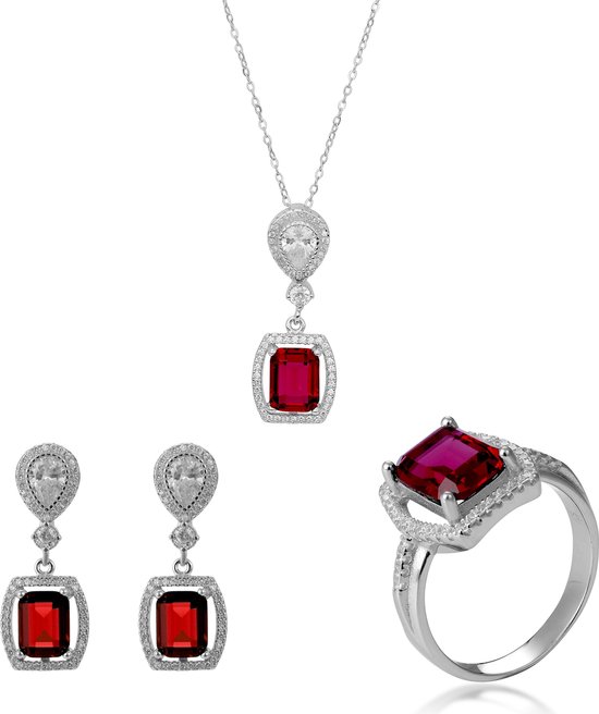 Orphelia SET-7426 / RU / 60 - Ensemble de bijoux: Collier + Boucles d'oreilles + Bague - Argent 925 - Rubis Zircone - Bague taille 60