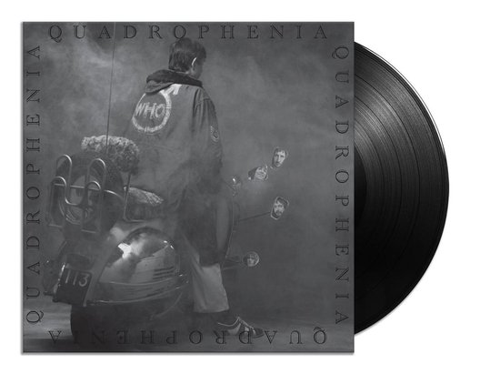 Quadrophenia vinylalbumhoes met een jonge man op een scooter, naast een vinylplaat.