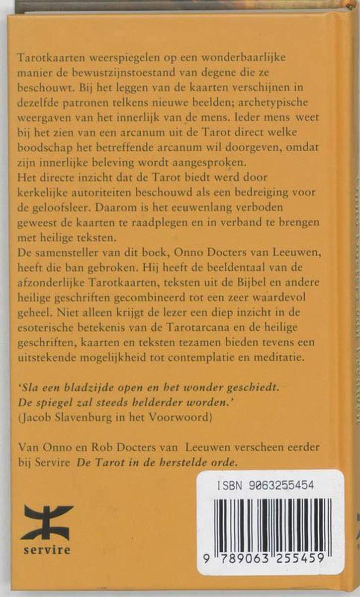 Boekomslag met tekst over Tarot kaarten en de Bijbel. De auteur is Onno Docters van Leeuwen.