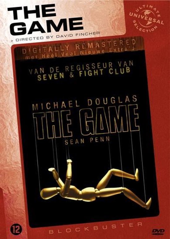 DVD-hoes van "The Game" met Michael Douglas en Sean Penn. Een marionet hangt aan touwen.
