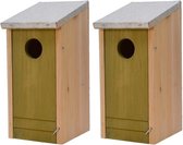 2x Houten vogelhuisjes/nestkastjes met lichtgroene voorzijde en metalen dakje 26 cm - Vogelhuisjes tuindecoraties