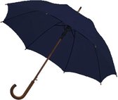Navy blauwe luxe paraplu met houten handvat in haakvorm 103 cm - Paraplu - Regen