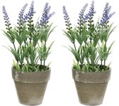 2x Groene/paarse Lavandula/lavendel kunstplanten 25 cm in grijze betonlook pot - Kunstplanten/nepplanten