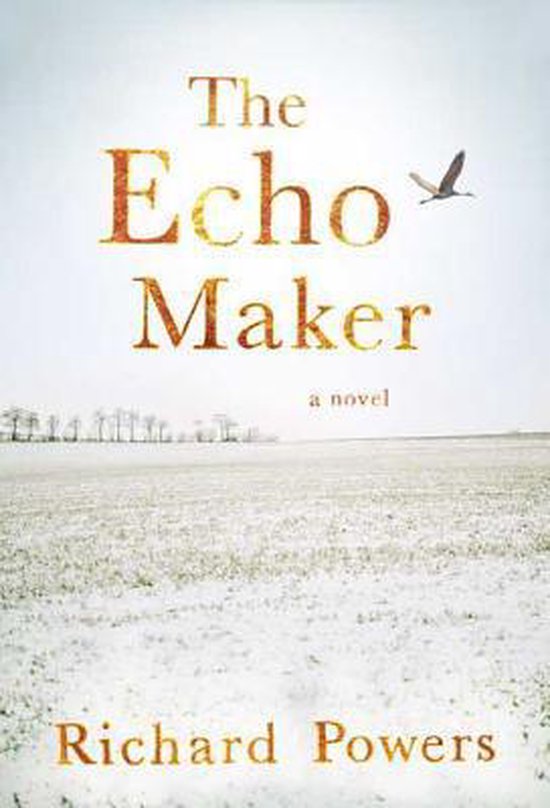 Boekhoes met gouden letters 'The Echo Maker' boven een besneeuwd veld met bomen en een vliegende kraanvogel in de lucht. Geschreven door Richard Powers.