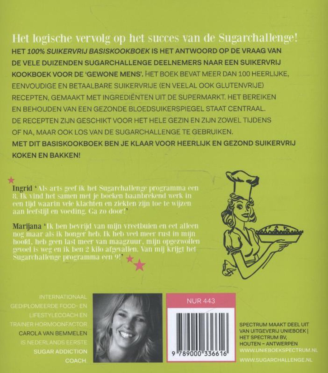 Boek met recepten, teksten van Ingrid en Marijana, en een cartoon van een kok met taart.
