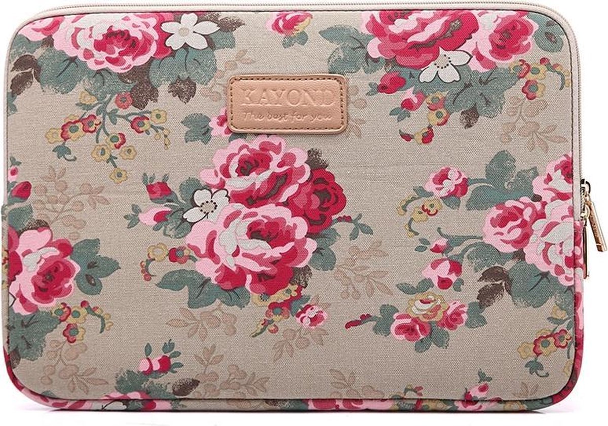 Kayond – Laptop Sleeve met bloemen tot 13-13.3 inch – Beige/Roze/Donkergroen