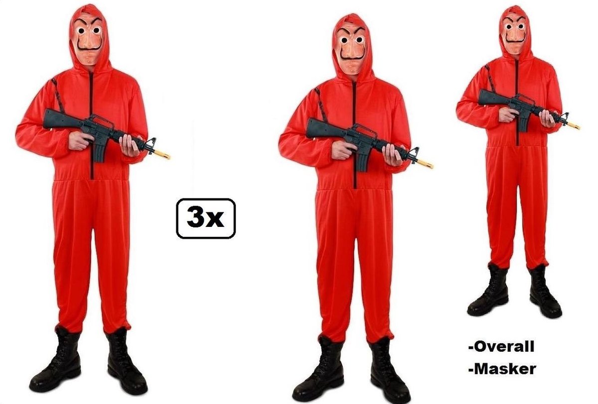 3x Rode overall met capuchon + masker- La Casa de Papel mt.L