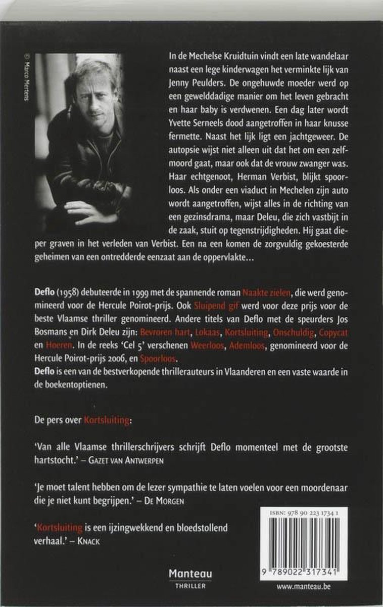 Achterkant van het boek 'Kortsluiting' met een foto van de auteur.