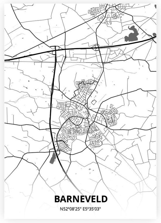 Barneveld plattegrond - A4 poster - Zwart witte stijl