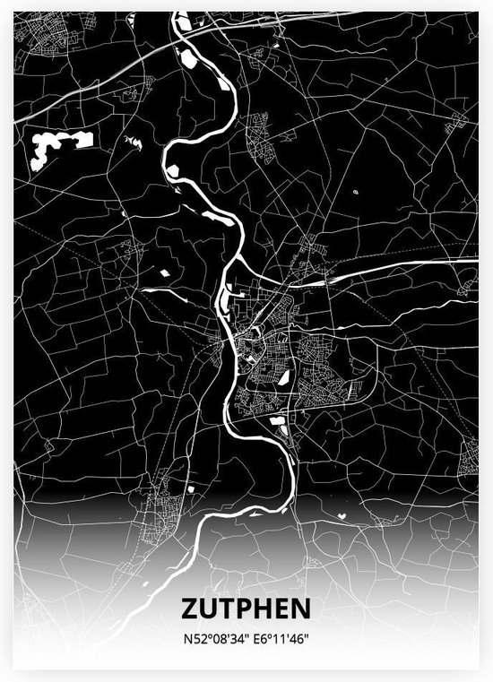 Zutphen plattegrond - A4 poster - Zwarte stijl
