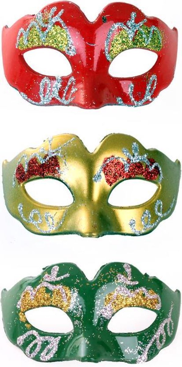 Mini decoratie oogmasker rood, geel of groen met glitters per stuk